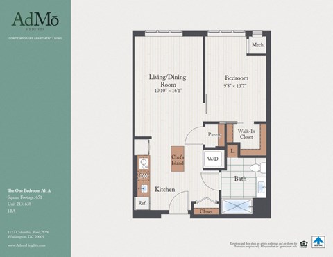 Floor plan for 1 bed, 1 bath, 638 sqft